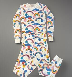 Hanna Andersson Size 130, 8, White Hello Rainbow Long John Organic Pajamas Set